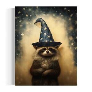 May include: A raccoon wearing a blue and white wizard hat with stars on it. The raccoon is standing in front of a background of stars and clouds.