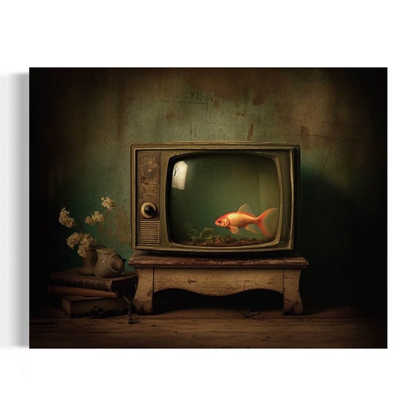 Surreal Art Print | Fish in Retro Television, Vintage Goldfish Still Life, Dark Academia Decor, Macabre Art, Eclectic Wall Gallery 23AS