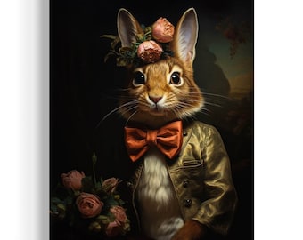 Puede incluir: Un conejo marrón con una chaqueta dorada y una pajarita naranja. El conejo tiene una corona de flores rosas en la cabeza y sostiene un ramo de rosas rosas.