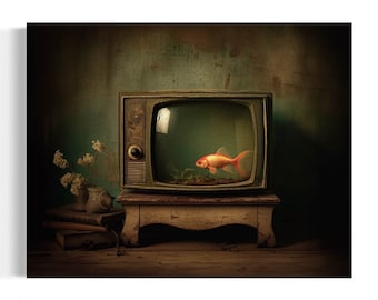 Surreal Art Print | Fish in Retro Television, Vintage Goldfish Still Life, Dark Academia Decor, Macabre Art, Eclectic Wall Gallery 23AS