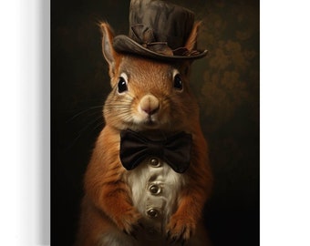 Squirrel Vintage Portrait, Victorian Squirrel In A Top Hat Painting, Animals in Clothes Decor, Funny Animal Art, Whimsical Animals 18AS