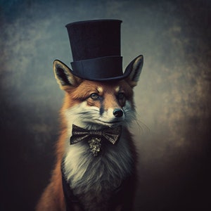 Gentleman Fox Vintage Portrait, Victorian Fox Wearing a Top Hat Painting, Fox Art, Dark Forest Gallery Wall, Fantasy Whimsical Animal VA#215