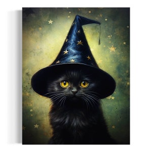 May include: A black cat wearing a blue wizard hat with gold stars. The cat has yellow eyes and is looking directly at the viewer. The background is a green and gold color with a starry pattern.