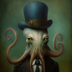 Gentleman Kraken Portrait Painting, Victorian Octopus In A Top Hat, Sea Monster Wall Art, Vintage Nautical Coastal Aesthetic AS220