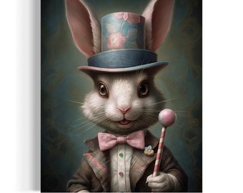 Rabbit Pop Surrealist Oil Painting | Easter Bunny Wall Art, Bunny Wall Decor, Lobrow Art, Big Eye Art, Whimsical Art Print, Dark Arts EB108