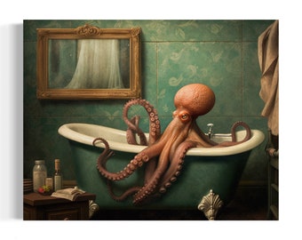 Funny Bathroom Wall Art, Octopus in the Bathtub Oil Painting, Octopus Wall Art, Animal in Bathtub, Whimsy Animal Art, Dark Humor AS600