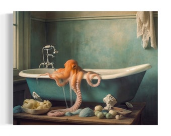 Octopus in the Bathtub Oil Painting | Funny Bathroom Wall Art, Octopus Wall Art, Animal in Bathtub, Whimsy Animal Art, Dark Humor AS601