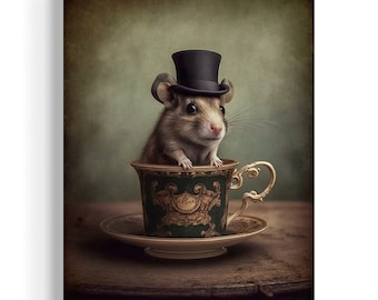 Mouse in A Tea Cup Oil Painting, Mouse in Top Hat, Mouse Decor, Funny Kitchen Wall Art, Funny Animal Art, Dark Humor Whimsical Art EB114