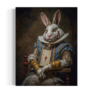 White Rabbit Victorian Portrait | Vintage Fairytale Painting, Alice in Wonderland, Dark Forest Gallery Wall, Fantasy Whimsical Animal EB116