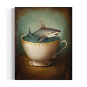 Funny Kitchen Wall Art, Shark in A Tea Cup Oil Painting, Shark Wall Art, Shark Decor, Funny Animal Art, Dark Humor Whimsical Art AS604