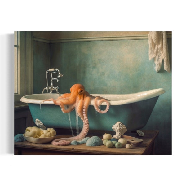 Octopus in the Bathtub Oil Painting | Funny Bathroom Wall Art, Octopus Wall Art, Animal in Bathtub, Whimsy Animal Art, Dark Humor AS601