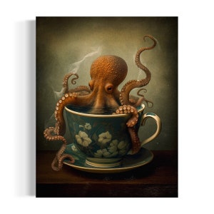 Octopus In A Tea Cup Oil Painting | Octopus Decor, Gothic Kitchen Decor, Moody Kitchen Wall Art, Whimsy Animal Art, Dark Humor EB128