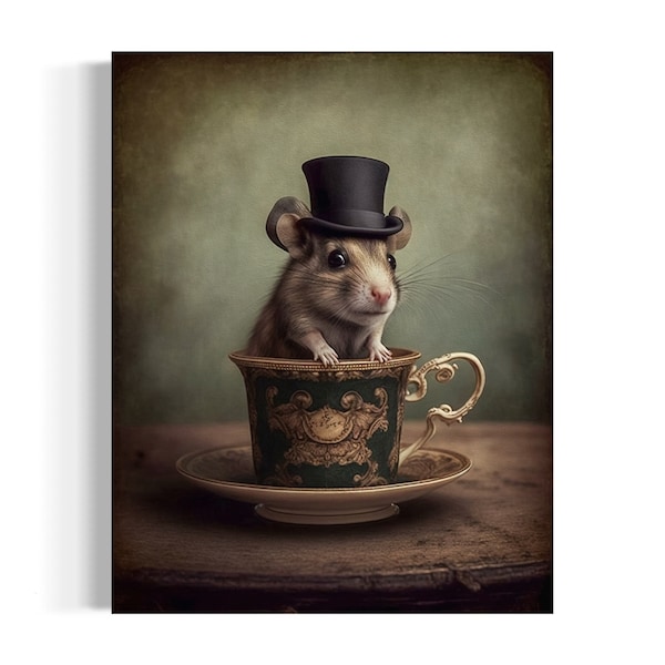 Mouse in A Tea Cup Oil Painting, Mouse in Top Hat, Mouse Decor, Funny Kitchen Wall Art, Funny Animal Art, Dark Humor Whimsical Art EB114