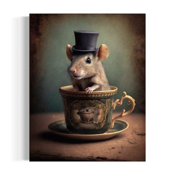 Funny Kitchen Wall Art, Mouse in A Tea Cup Oil Painting, Mouse in Top Hat, Mouse Decor, Funny Animal Art, Dark Humor Whimsical Art EB112