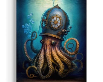 Kraken Sea Diver, Victorian Octopus Painting, Ocean Animal Print, Sea Monster Wall Art, Vintage Nautical Coastal, Steampunk Aesthetic AS183