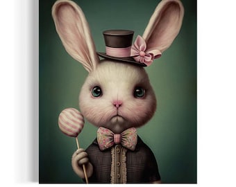 Pink Candy Rabbit Pop Surrealist Oil Painting | Easter Bunny Wall Art, Bunny Wall Decor, Lowbrow Art, Whimsical Art Print, Dark Arts VA224