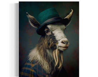 Billy Goat Victorian Portrait, Vintage Goat Wearing a Top Hat Painting, Goat Wall Art, Anthropomorphic, Dark Academia Gallery Wall  AS332