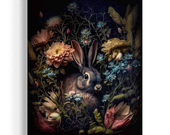 May include: A brown rabbit with long ears sits nestled in a bouquet of pink, white, and blue flowers. The rabbit's fur is soft and fluffy, and its eyes are dark and curious. The flowers are arranged in a circle around the rabbit, creating a beautiful and whimsical scene.