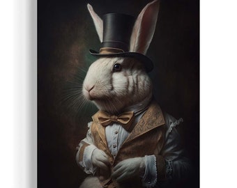 Puede incluir: Un conejo blanco con un sombrero de copa negro y un chaleco dorado con una pajarita. El conejo está mirando hacia la izquierda de la imagen.