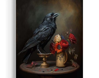 Black Raven Still life Painting | Crow Perched With Florals, Black Bird Decor, Flowers and Animals, Bird Art, Forest Witch Botanical AS164