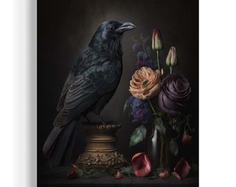 Black Raven Still life Painting | Crow Perched With Floral, Black Bird Decor, Flowers and Animals, Bird Art, Forest Witch Botanical AS218