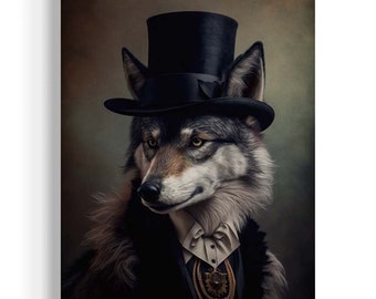 Gentleman Wolf Vintage Portrait, Victorian Wolf Wearing Top Hat Painting, Fox Art, Dark Forest Gallery Wall, Fantasy Whimsical Animal AS143