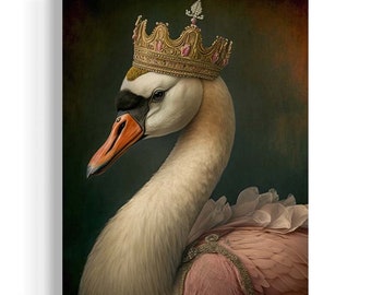 Swan Princess Vintage Portrait | Victorian Swan Painting, Swan Lake Decor, Royalty Animal Art, Dark Gothic Fantasy Whimsical Animal AS127