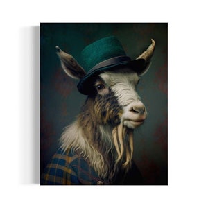 Billy Goat Victorian Portrait, Vintage Goat Wearing a Top Hat Painting, Goat Wall Art, Anthropomorphic, Dark Academia Gallery Wall  AS332