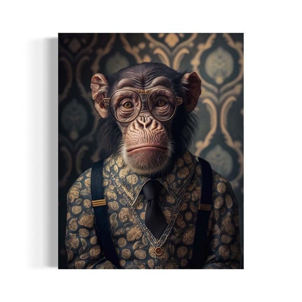 Bradley the Chimp Victorian Portrait, Vintage Chimpanzee Wearing Glasses, Chimpanzee Wall Art, Dark Academia Gallery Wall, AS022