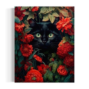 Vintage Black Cat Art | Black Cat Hiding in Poppies Painting, Dark Cottagecore Decor, Dark Floral Wall Art, Forest Witch Botanical AS339