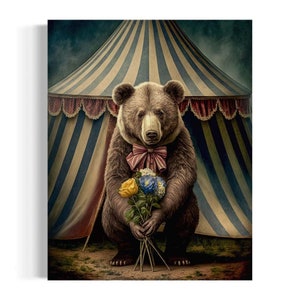Antique Bear Circus Performer, Bear Holding Flower Bouquet Painting, Animals in Clothes Decor, Funny Animal Art, Whimsical Animals AS440