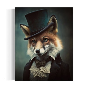 Fagin Fox Vintage Portrait, Victorian Fox Painting, Dark Forest Gallery Wall, Funny Animal Art, Fantasy Whimsical Animal VA#214