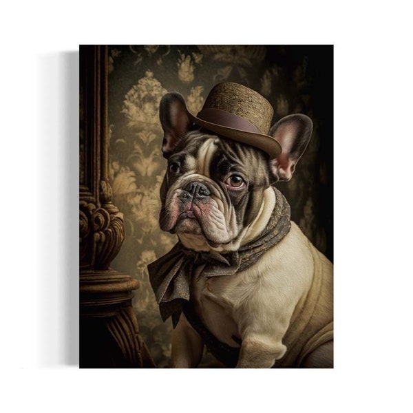 Fredrick the Frenchie Vintage Portrait, Victorian Dog, Anthropomorphic Animal Painting, French Bulldog Art, Fantasy Whimsical Animal AS456