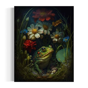 Frog in Wildflowers Painting | Frog Wall Art, Toad Wall Decor, Dark Botanical Gallery Wall, Eclectic Art, Fantasy Whimsical Animal AS156