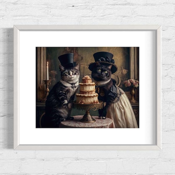 Mr and Mrs Darcy Wedding Portrait | Kitty Couple Wall Art, Pride and Prejudice, Victorian Wedding Gift, Whimsical Animal Lover AS026