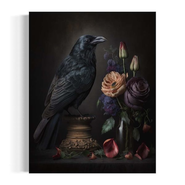 Black Raven Still life Painting | Crow Perched With Floral, Black Bird Decor, Flowers and Animals, Bird Art, Forest Witch Botanical AS218