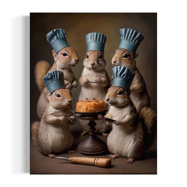 French Kitchen Wall Art, Squirrels Baking A Cake, Cottagecore, Funny Kitchen Wall Decor, Spring Farmhouse Decor, Kitchen Nook Art AS179