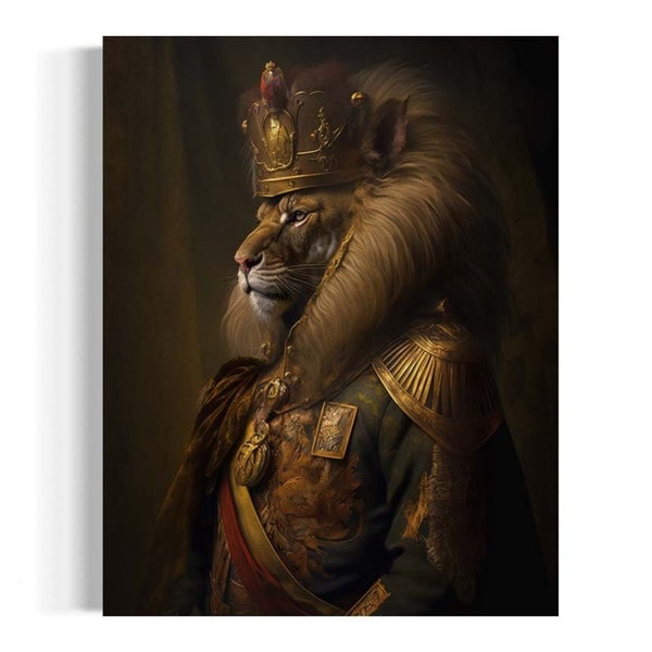 Lion King Royalty Portrait, Victorian Lion Wearing a Crown Painting, Lion Art, Dark Gallery Wall, Animals In Clothes, Altered Art AS171