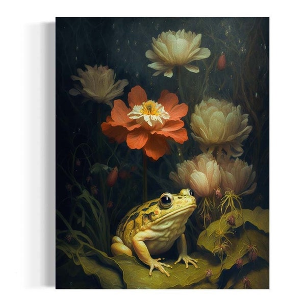 Frog on Lily Pad Vintage Oil Painting, Dark and Moody Floral, Toad Wall Decor, Dark Botanical, Eclectic Art, Witchy Kitchen Artwork AS158