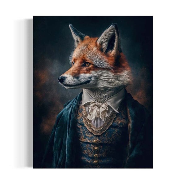 Mr Darcy Fox Portrait, Vintage Fox Painting, Fox Wall Art, Dark Forest Gallery Wall, Animals in Clothes, Fantasy Whimsical Animal AS327