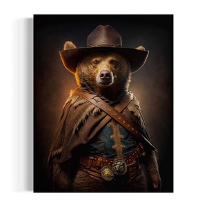 The Cowboy Bear Vintage Portrait, Cowboy Western Bear Painting, Animals in Clothes Decor, Funny Animal Art, Forest Animal, Bear Art AS150
