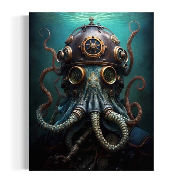 Octopus Steampunk Sea Diver, Victorian Kraken Painting, Ocean Animal Print, Sea Monster Wall Art, Vintage Nautical Coastal Aesthetic AS189