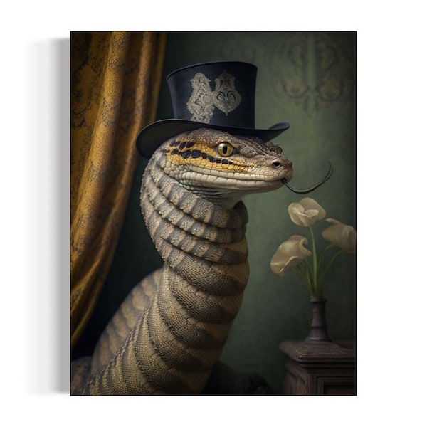 Mr. Crawley the King Cobra Victorian Portrait, Vintage Snake Wearing a Top Hat Painting, Snake Wall Art, Dark Academia Gallery Wall, AS019