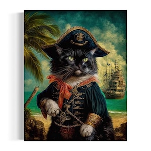 May include: A black cat dressed as a pirate captain with a red bandana, gold trim, and a tricorn hat. The cat is standing on a beach with a pirate ship in the background.
