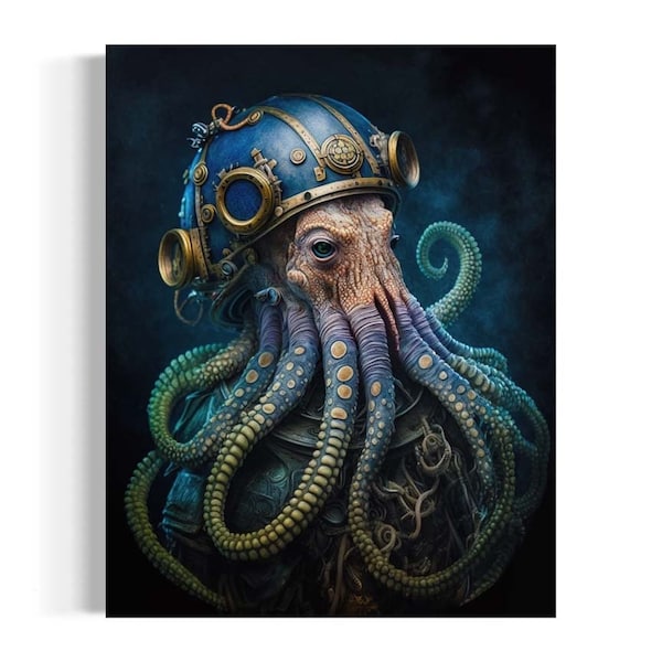 Kraken Steampunk Sea Diver, Victorian Octopus Painting, Ocean Animal Print, Sea Monster Wall Art, Vintage Nautical Coastal Aesthetic AS185