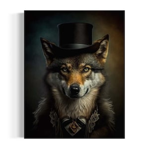 Wolf Vintage Portrait, Sir Anton Victorian Wolf Wearing Top Hat Painting, Fox Art, Dark Forest Gallery Wall, Fantasy Whimsical Animal AS144