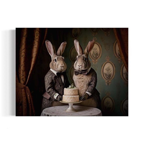 Two Grooms Wedding Portrait | Rabbit Couple Wall Art, Bunnies in Bow Ties, Mr and Mr, Victorian Wedding Attire, Whimsical Animal Decor AS029