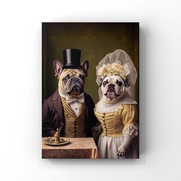 Victorian Wedding Portrait | Dog Wall Art, French Bulldog Painting, Wedding Dress Top Hat Bow Tie, Wedding Gift Couple Unique Funny AS024