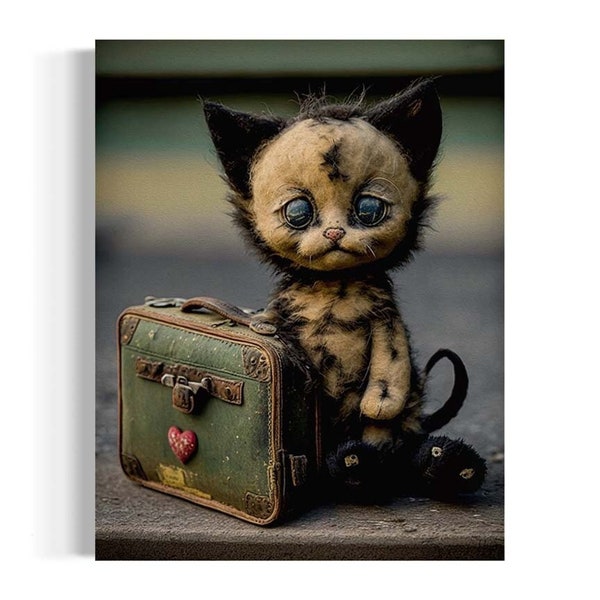 Luna the Kitten Wall Art, Baby Cat with Vintage Suitcase, Cat Wall Decor, Cute Kitty Plushie Print, Cute Cat Painting, Eclectic Art AS446