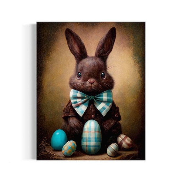 Chocolate Easter Bunny Wearing Plaid Bow Tie, Bunny with Pastel Eggs, Rabbit Wall Art, Spring Farmhouse Wall Decor, Easter Rabbit Art EB#015
